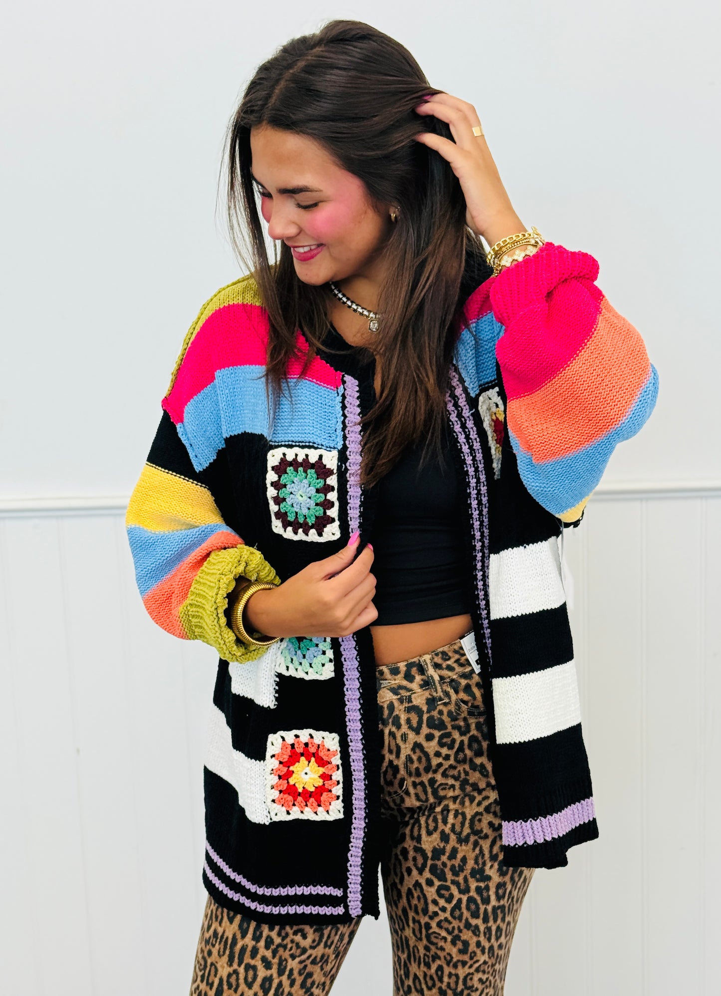 POL Jet Black Multi Stripe Granny Squares Sweater Cardigan (Reg.)