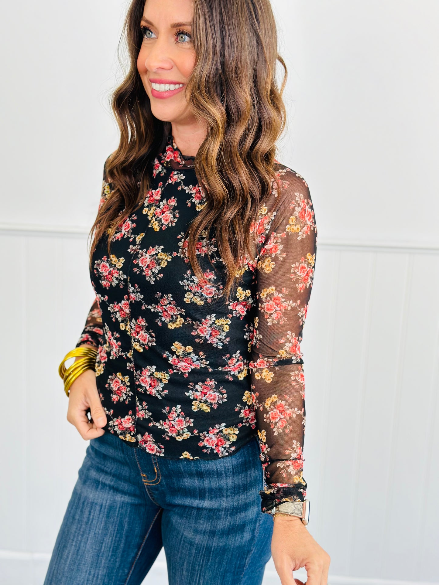 Black/Red Floral Mesh Top (Reg & Plus)