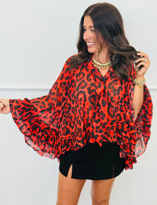 Red Leopard Printed Chiffon Blouse (Reg & Plus)