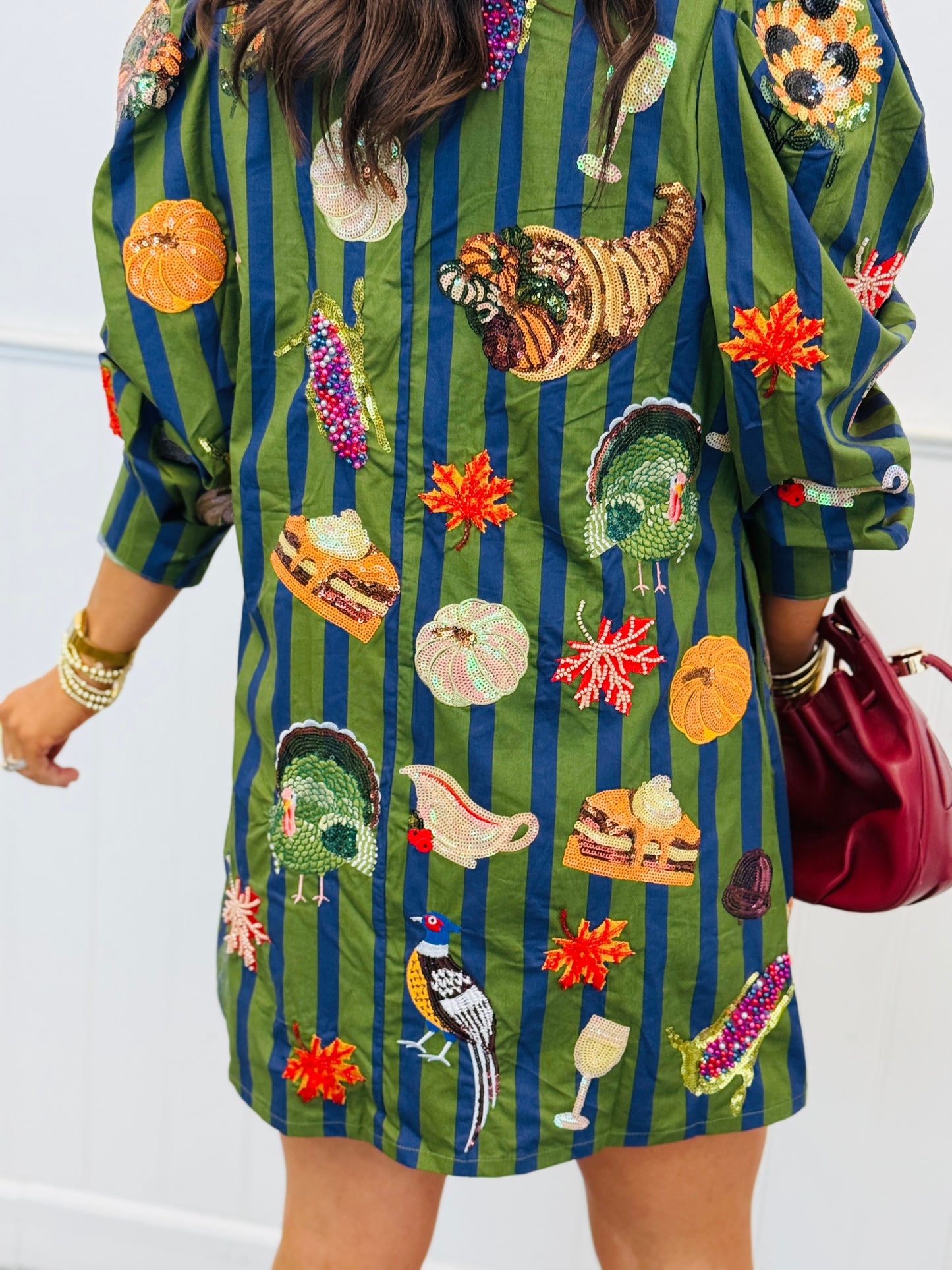 Queen Of Sparkles Dk Green/Blue Striped Thanksgiving Icon Dress (Reg. and Plus)