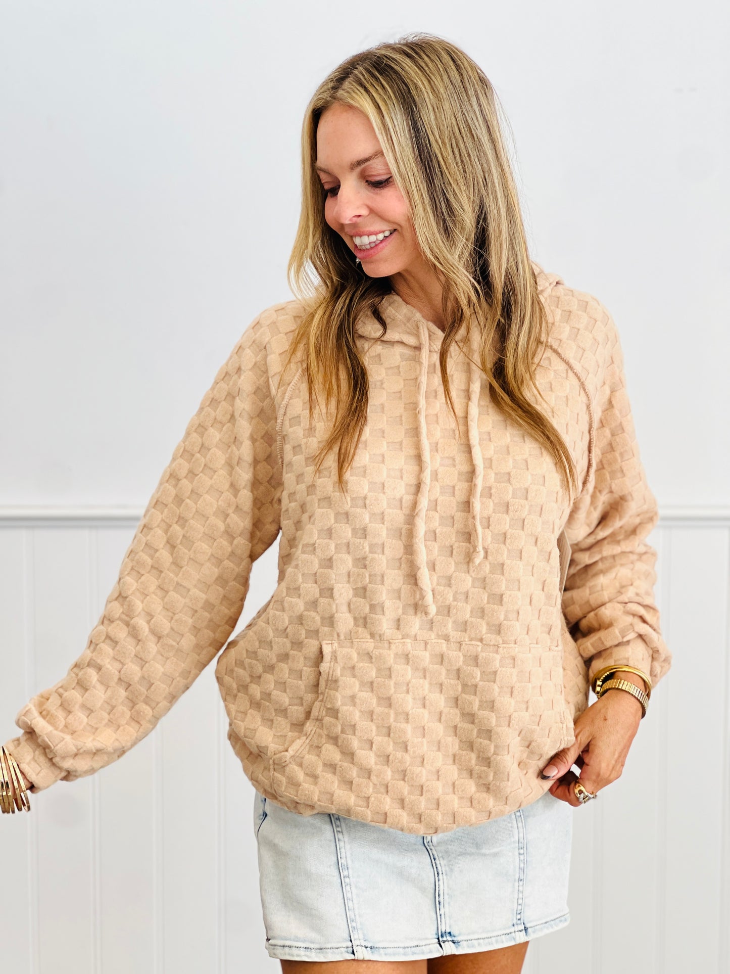 Checkered Jacquard Hoodie Top (Reg & Plus)-2 Colors