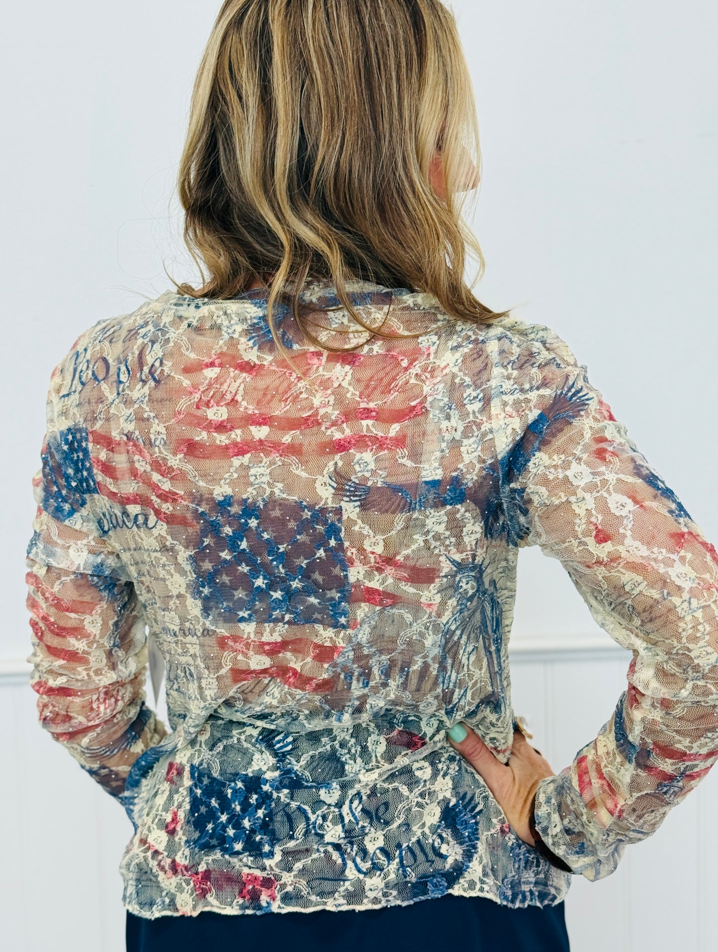 America Rhinestone Lace LS Top (Reg. and Plus)