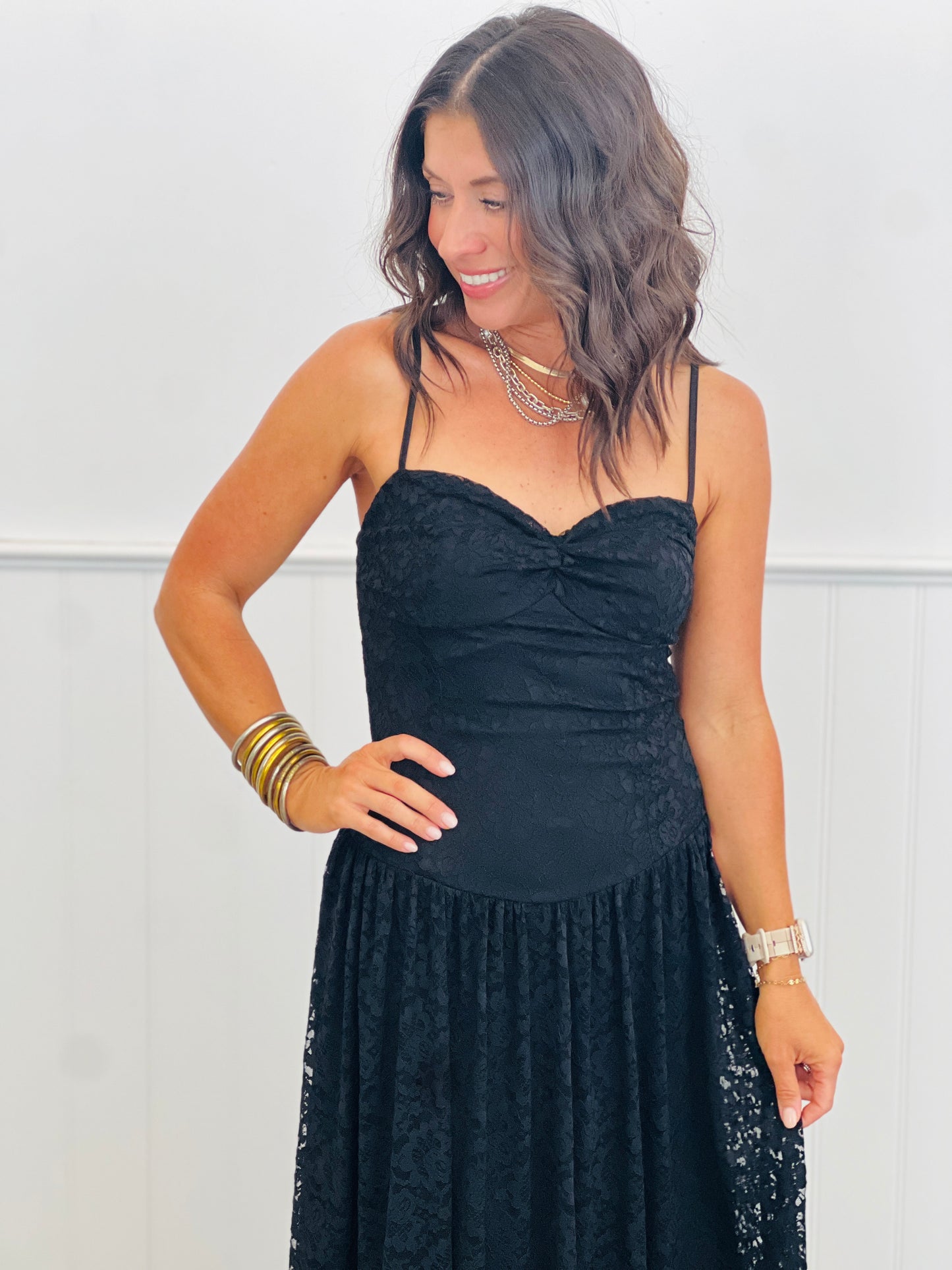 Black Lace Overlay Strappy Maxi Dress (Reg.)