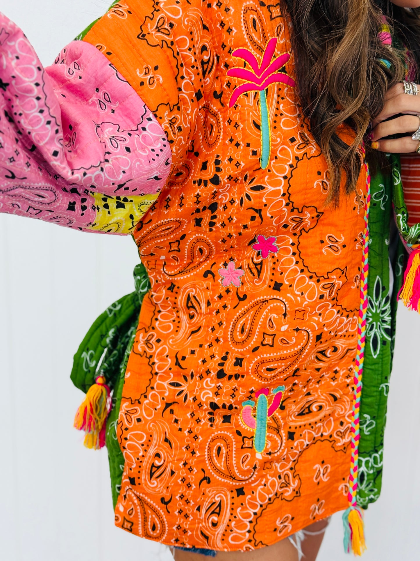 POL Green/Pink Multi Print Kimono Jacket (OS)