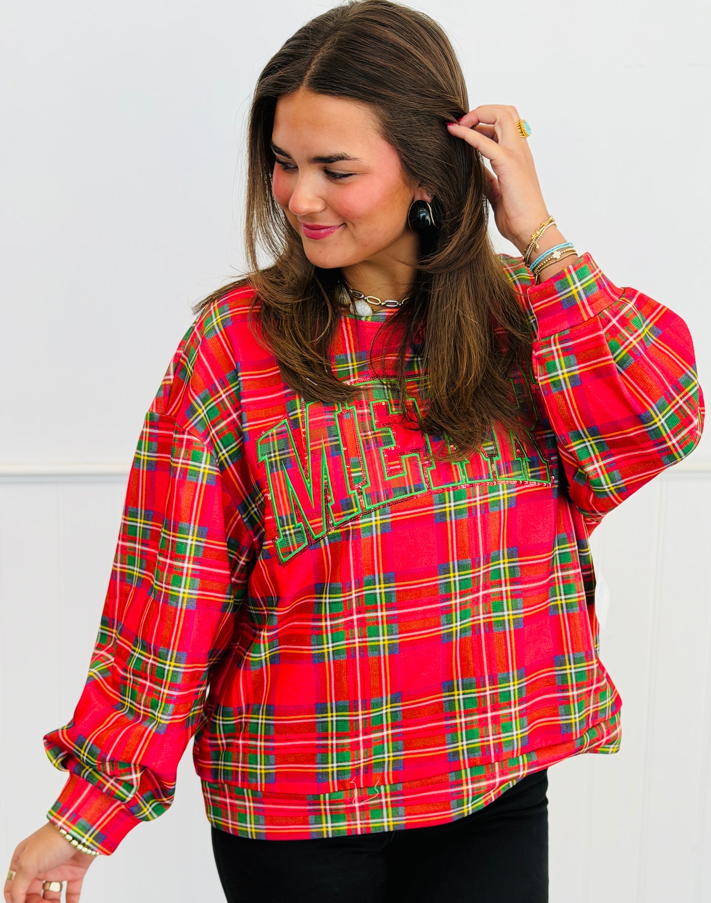 Queen Of Sparkles Red Plaid 'Merry' Sweatshirt (Reg. & Plus)