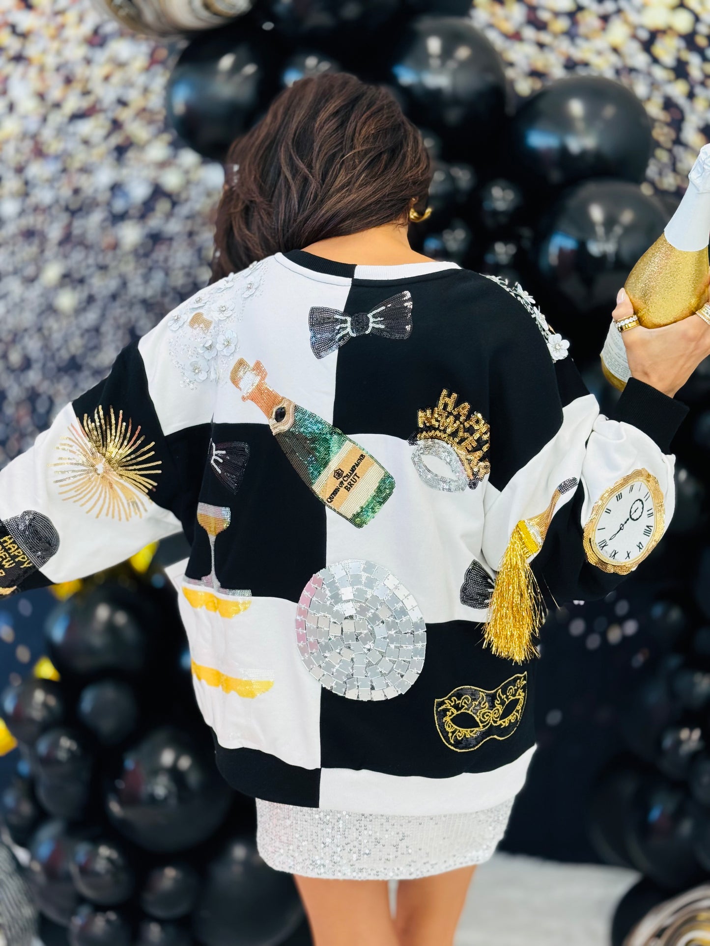 Queen Of Sparkles Black & White Checkered NYE Icon Sweatshirt (Reg. and Plus)