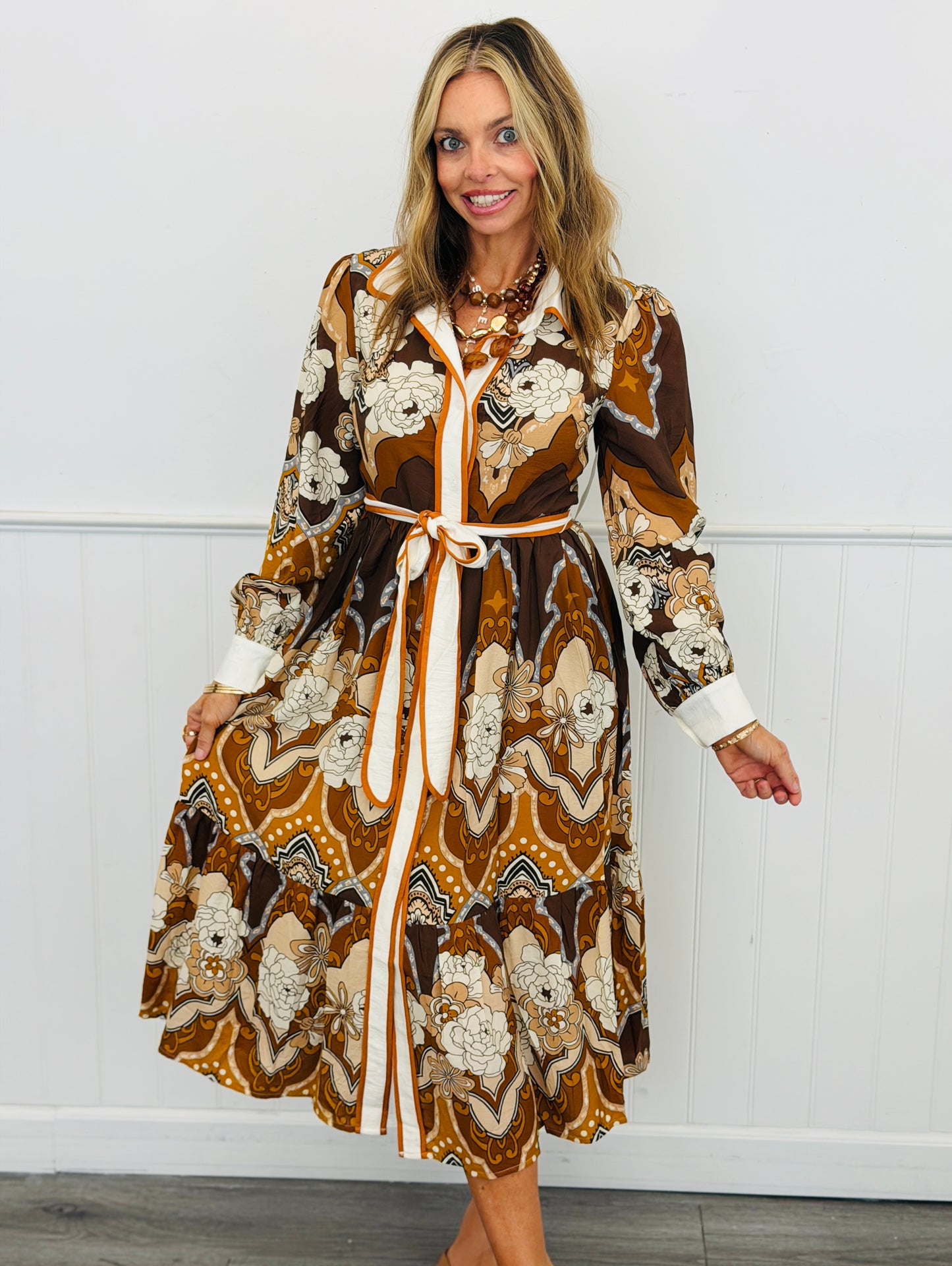 Mocha Multi Retro Printed Midi Dress (Reg. and Plus)