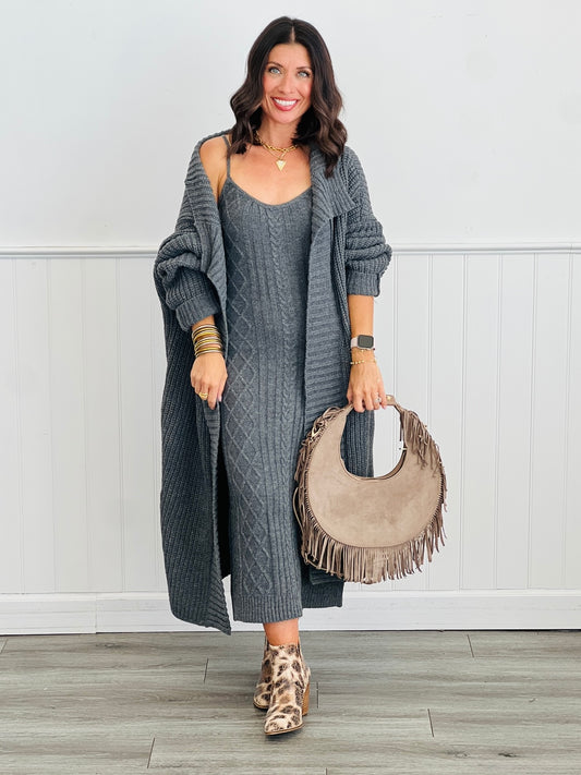 Grey Maxi Sweater Dress & Cardigan Set (Reg & Plus)