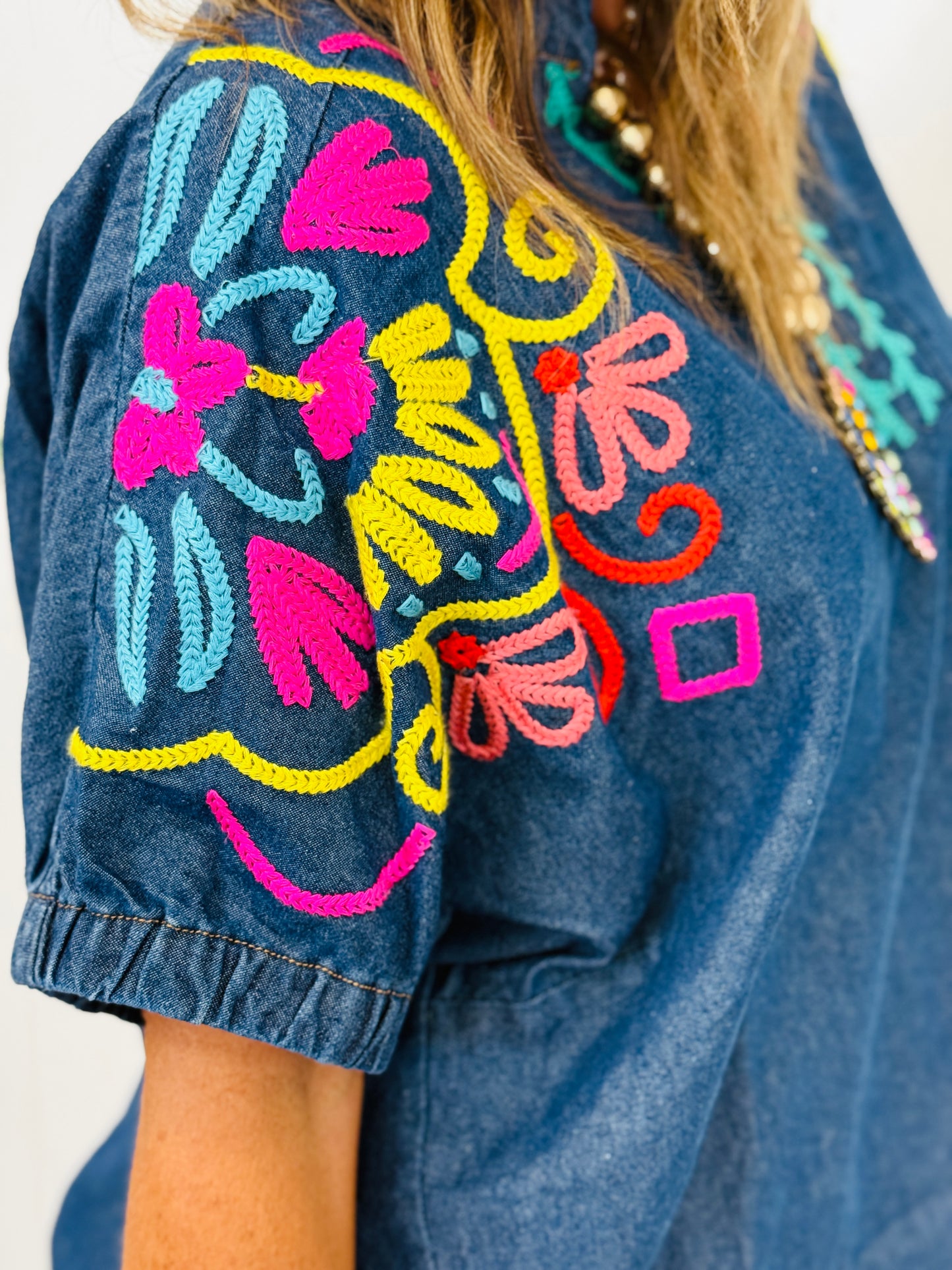 Denim Puff Sleeve Embroidered Top (Reg & Plus) - 2 Colors