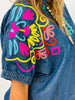Denim Puff Sleeve Embroidered Top (Reg & Plus) - 2 Colors