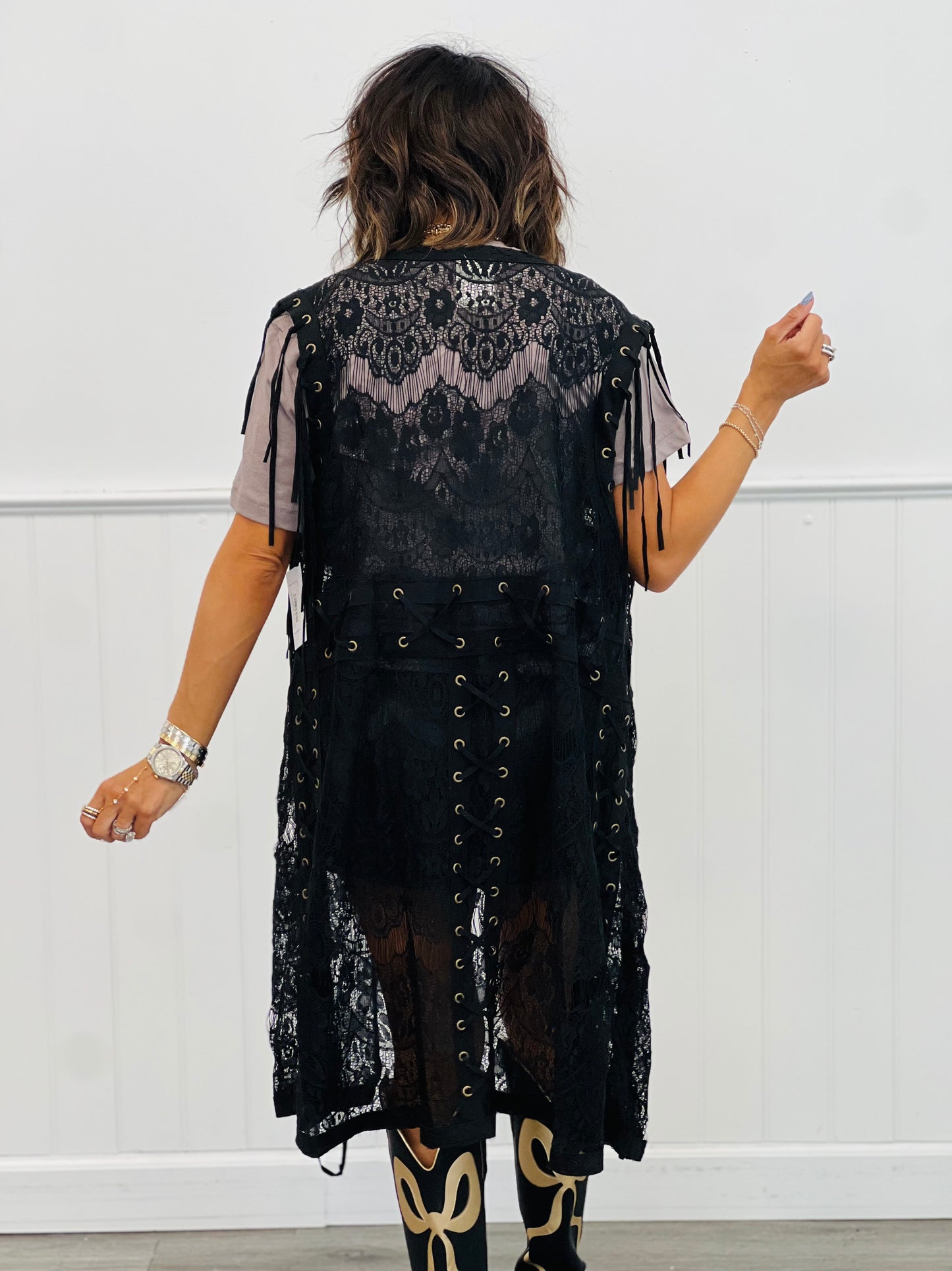 Eyelet Lace Fringe Long Vest (Reg & Plus)-2 Colors