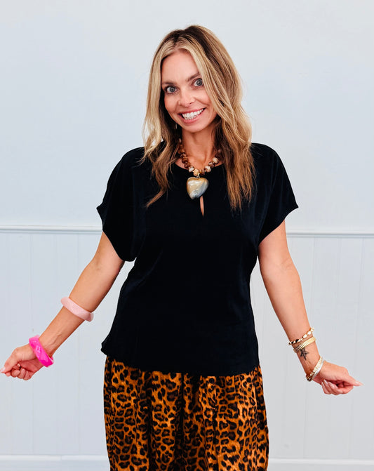 Black Front Slit Short Sleeve Blouse (Reg. and Plus)