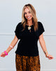Black Front Slit Short Sleeve Blouse (Reg. and Plus)