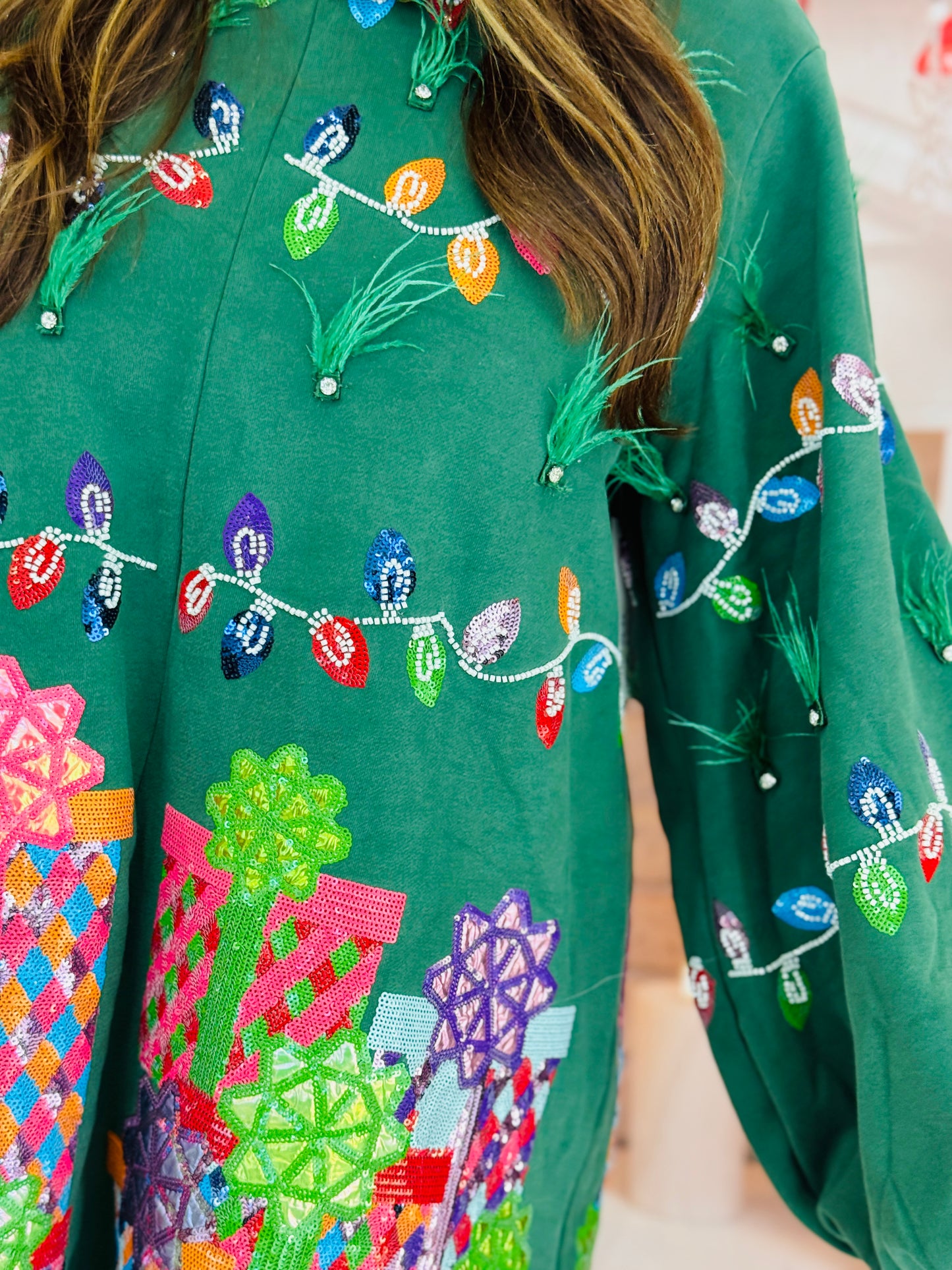 Queen Of Sparkles Green Christmas Lights & Presents Feather Dress (Reg. & Plus)