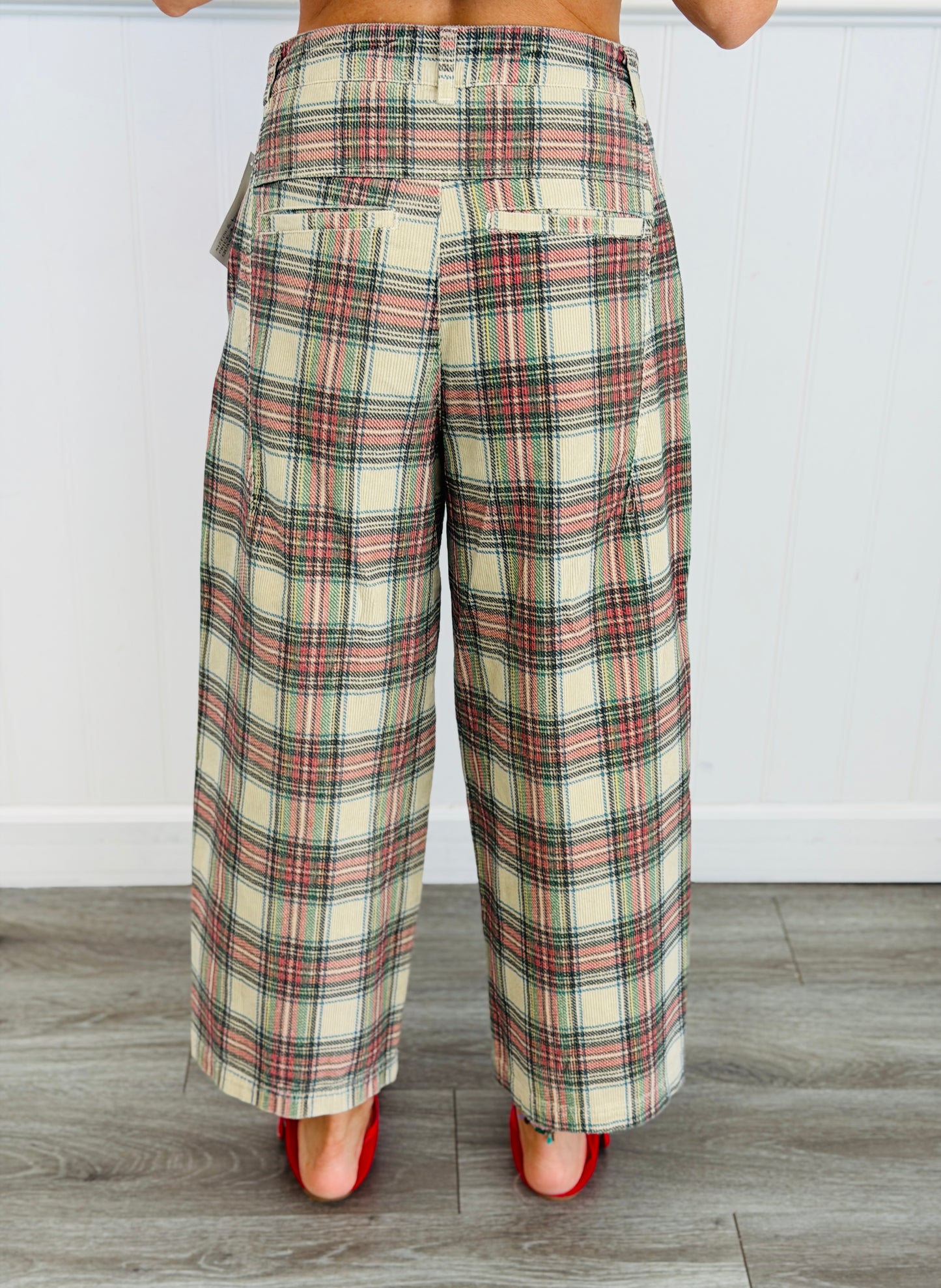 Ecru Tartan Plaid Corduroy Wide Leg Pants (Reg.)