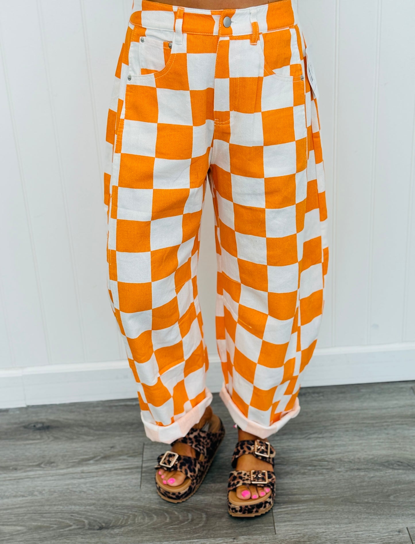 Orange Checkered Print Barrel Pants (Reg. and Plus)
