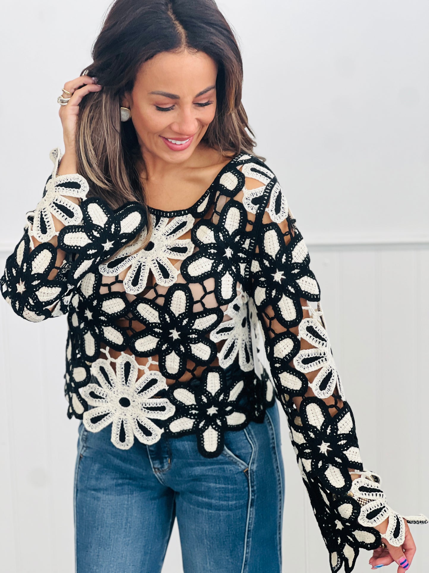 POL Crochet Contrast Floral Weave Top (OS)-2 Colors