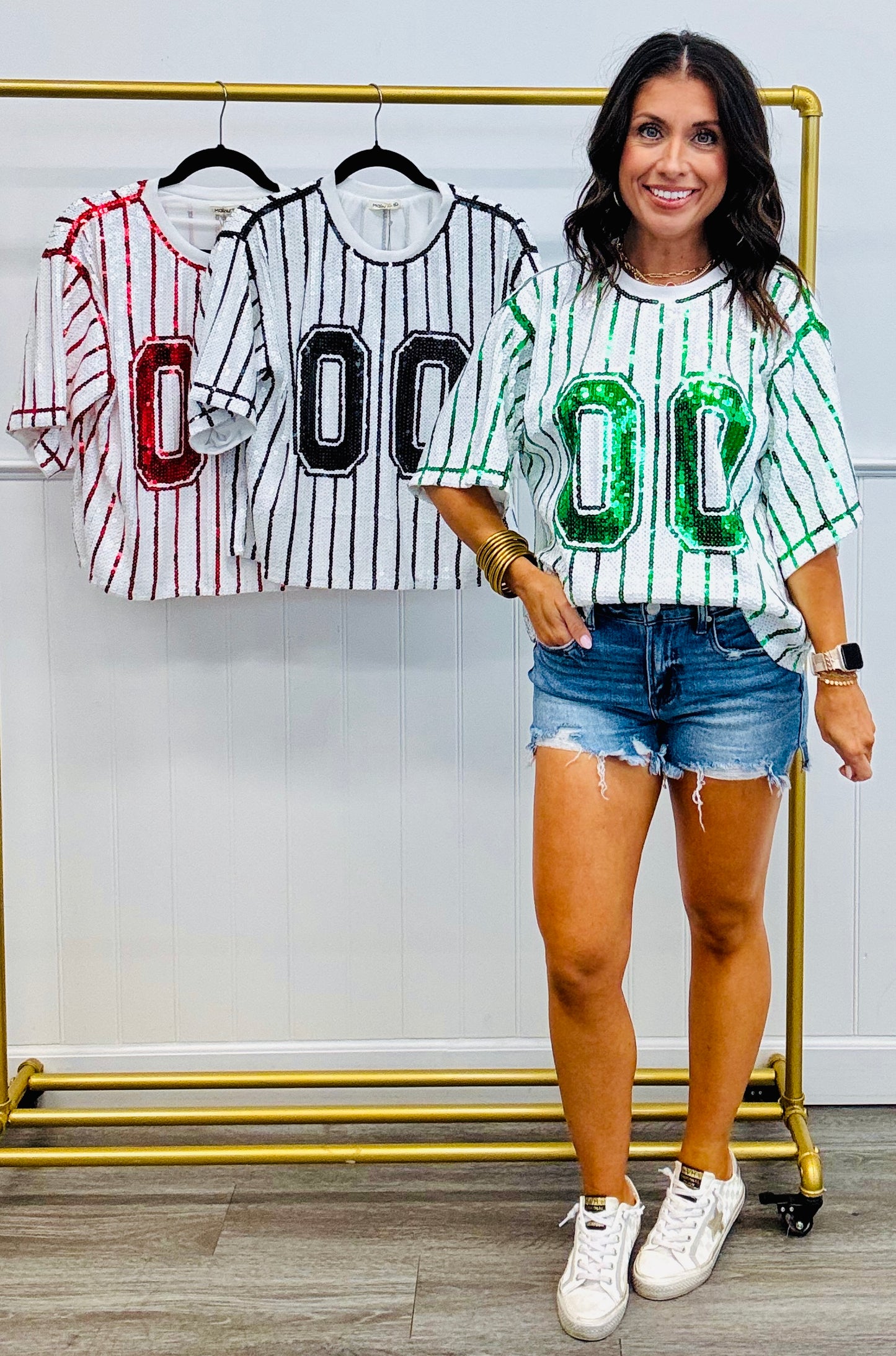 Striped Sequin Number Patch Boxy Top (Reg.)-3 Colors