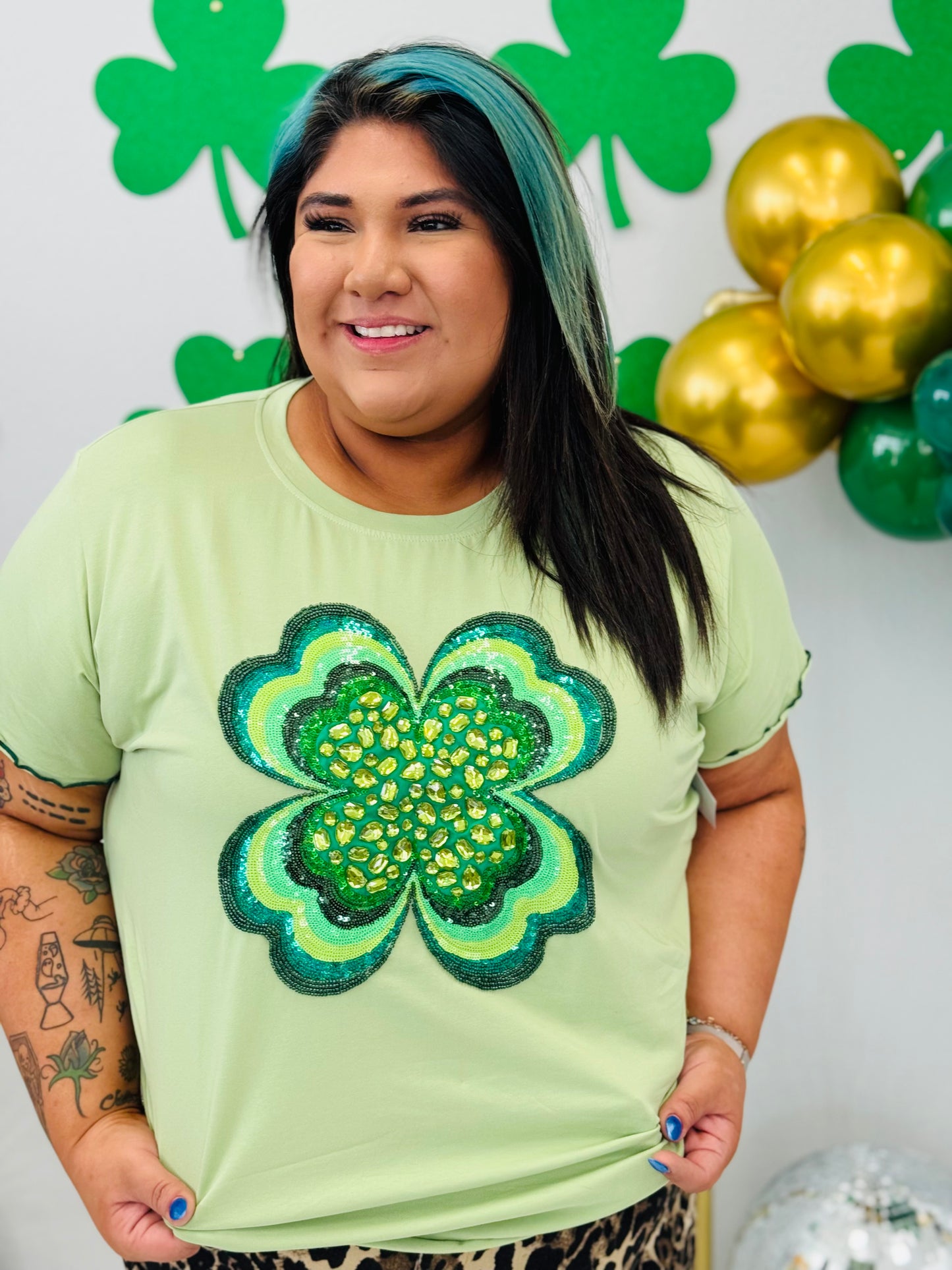 Queen Of Sparkles Light Green Frilly Shamrock Top (Reg. and Plus)