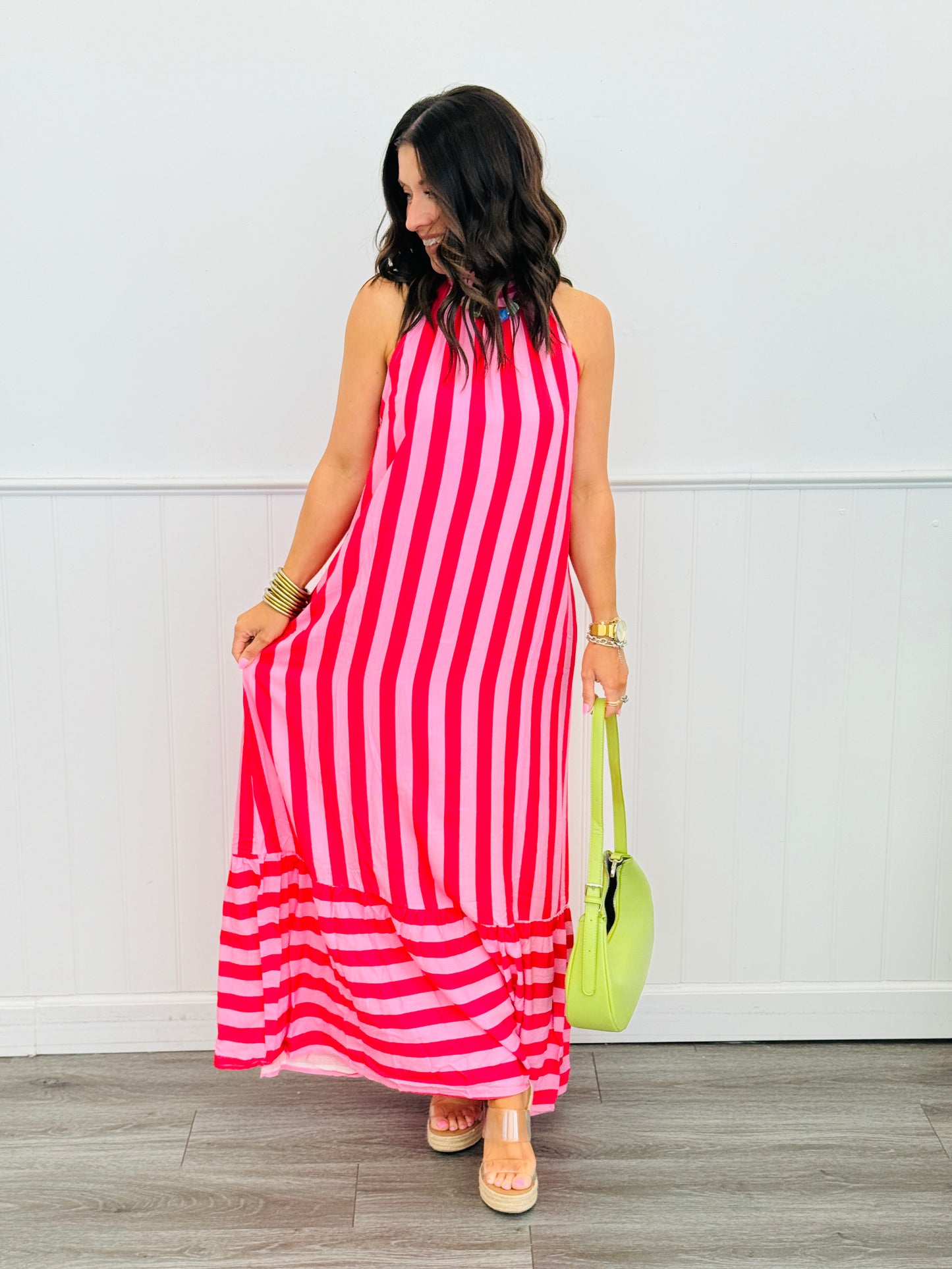 Pink Striped Halter Neck Maxi Dress (Reg.)