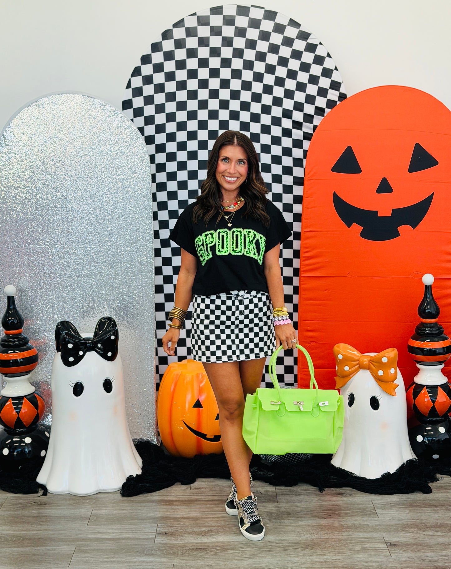 Queen Of Sparkles Black & Neon Green Spider Web 'Spooky' Tee (Reg. and Plus)