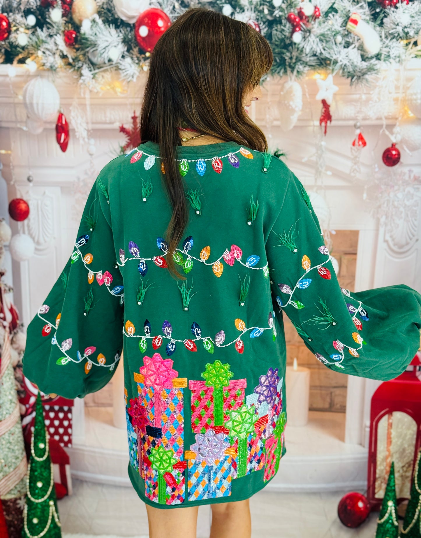 Queen Of Sparkles Green Christmas Lights & Presents Feather Dress (Reg. & Plus)