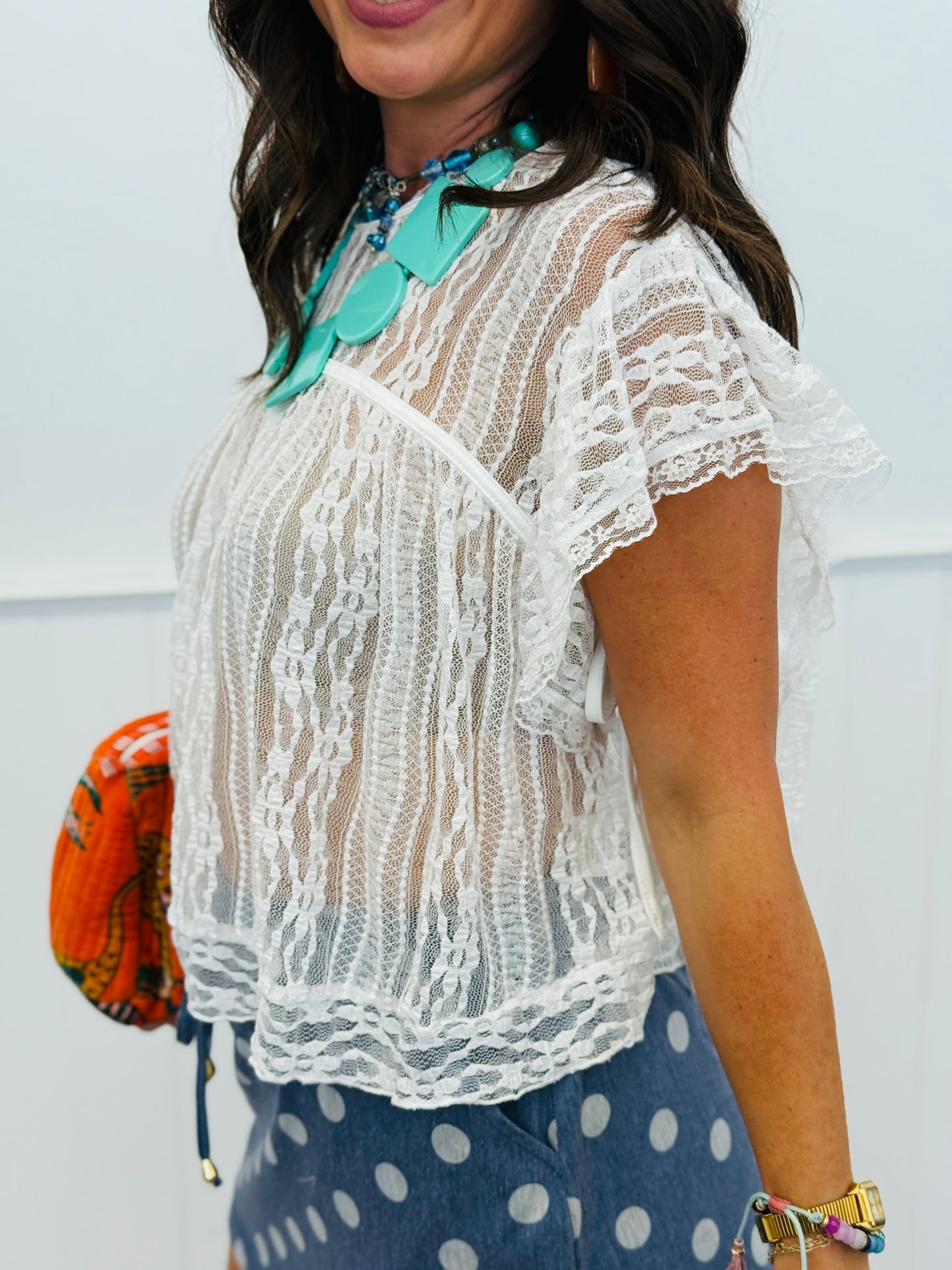 Lace Sheer Neck Tie Blouse (Reg.) - 2 Colors