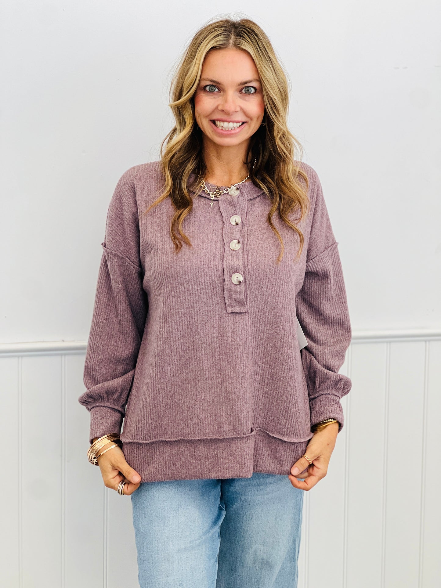 Andree Henley Ribbed Hacci Top (Reg. and Plus) - 7 Colors