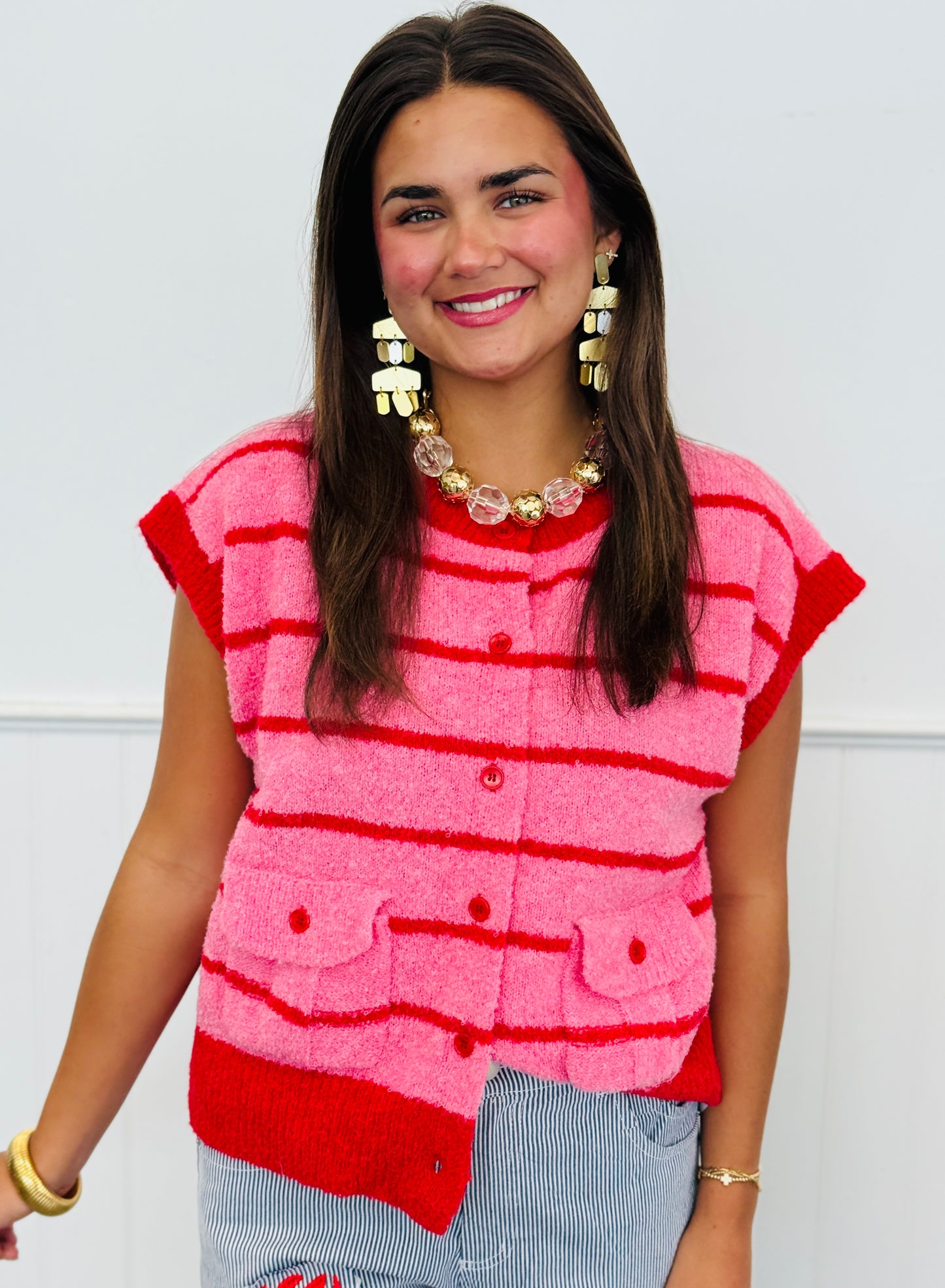 Striped Short Sleeve Button Up Sweater (Reg.) - 2 Colors
