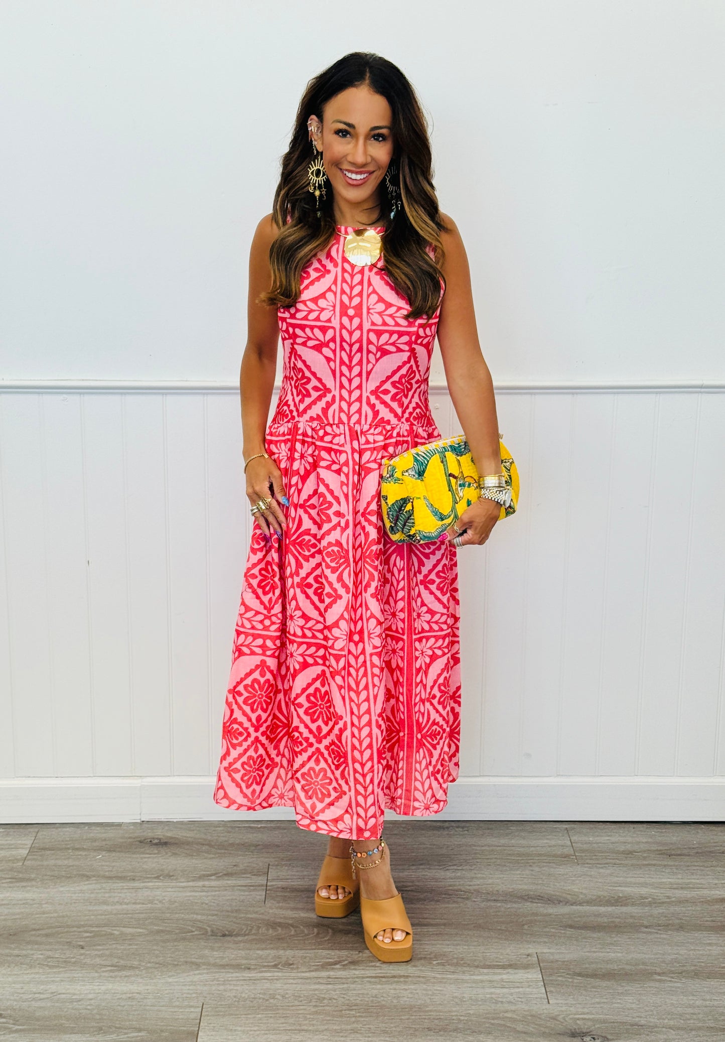 Pink Red Floral Print Sleeveless Midi Dress (Reg & Plus)