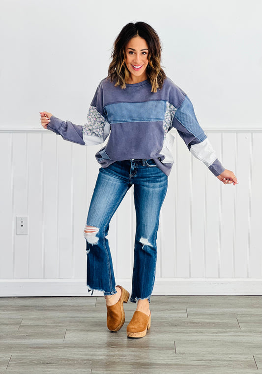 Denim Patchwork Sweatshirt (Reg & Plus)