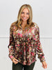 Brown/Red Floral Print Satin Blouse (Reg. and Plus)