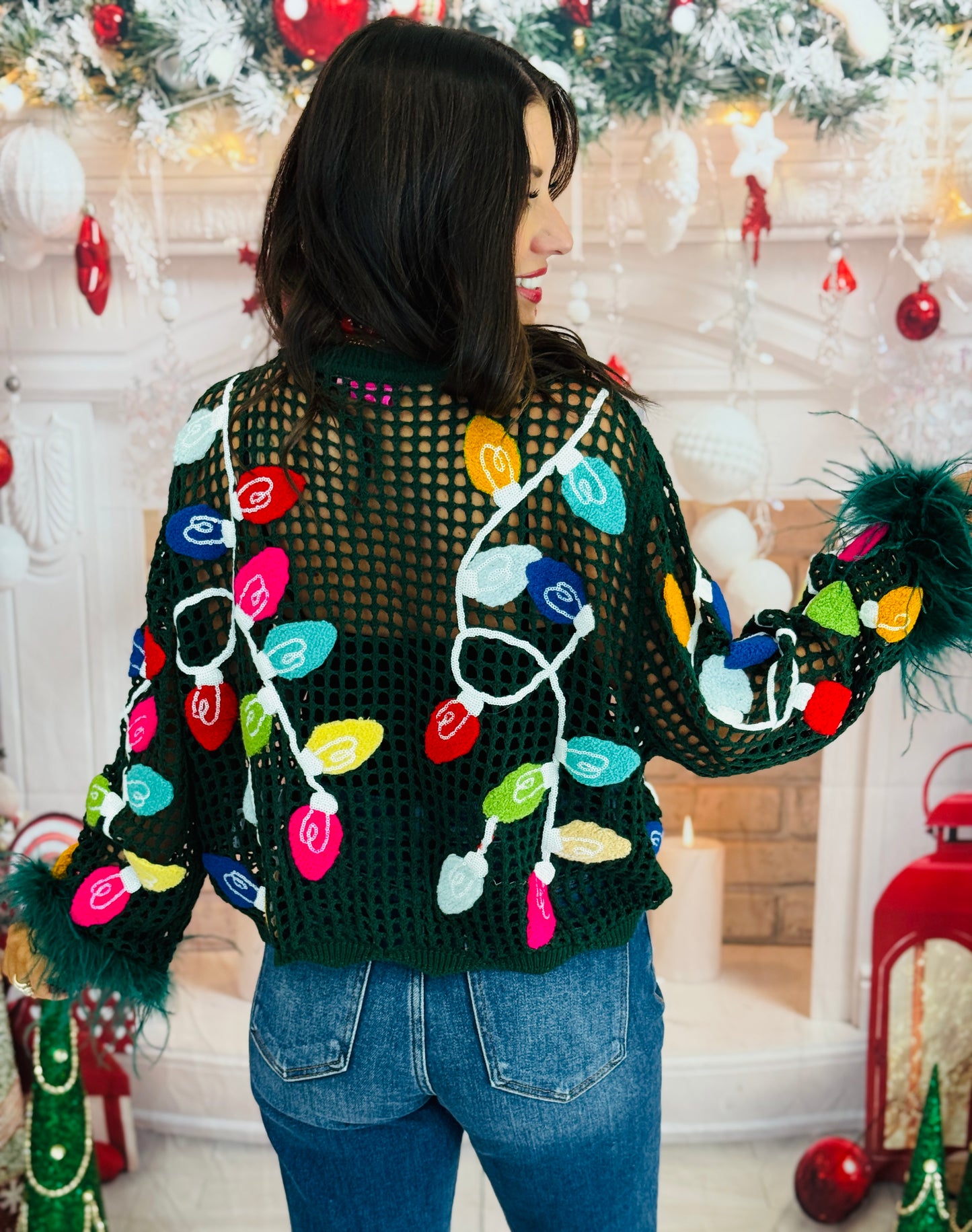 Queen Of Sparkles Dk Green Crochet Christmas Light Feather Sleeve Cardigan (Reg. and Plus)