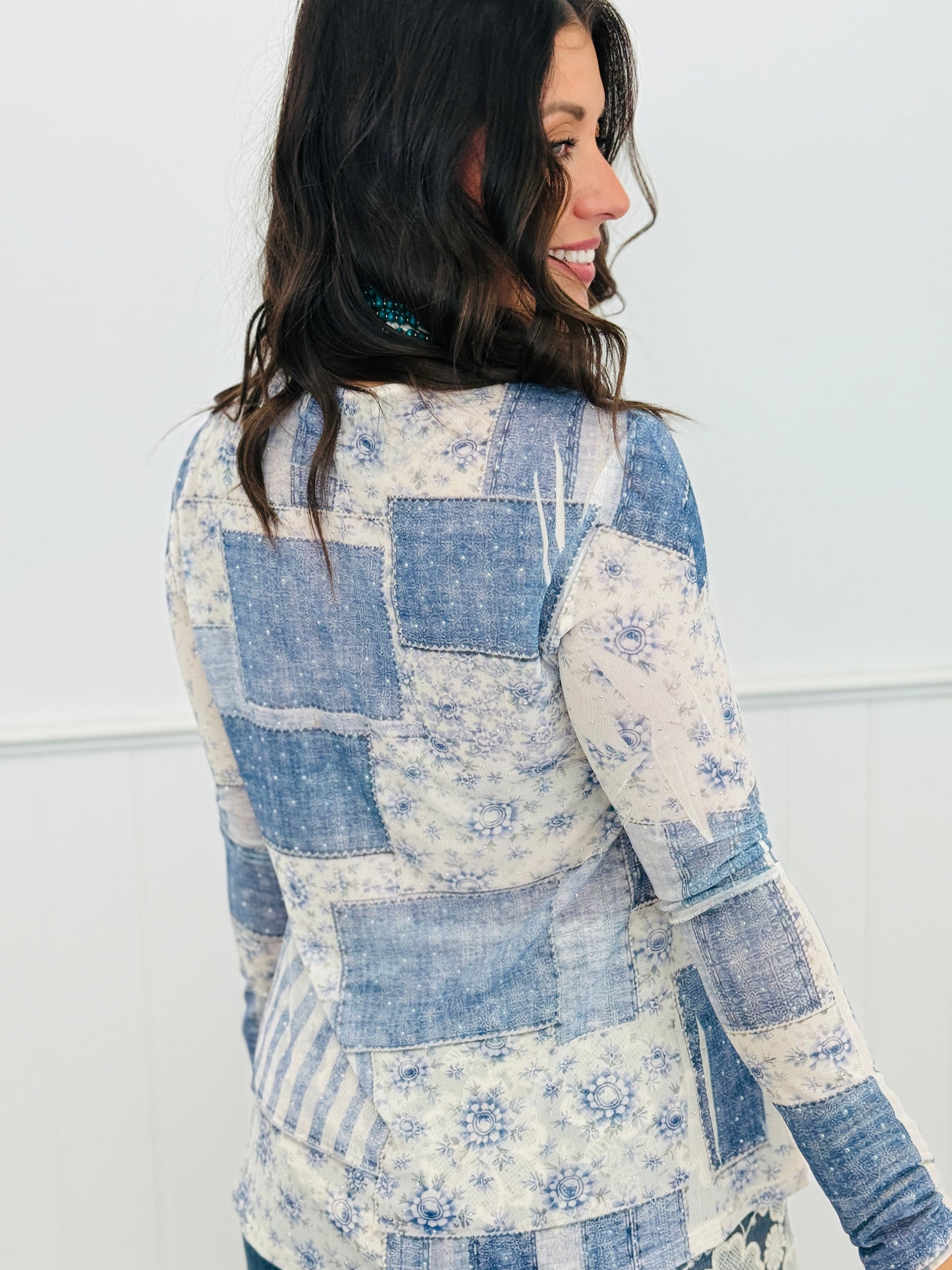 Denim Patch Rhinestone Mesh LS Top (Reg. and Plus)