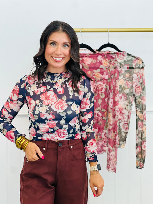 Semi Sheer Floral Print Mesh Top (Reg.) - 3 Colors