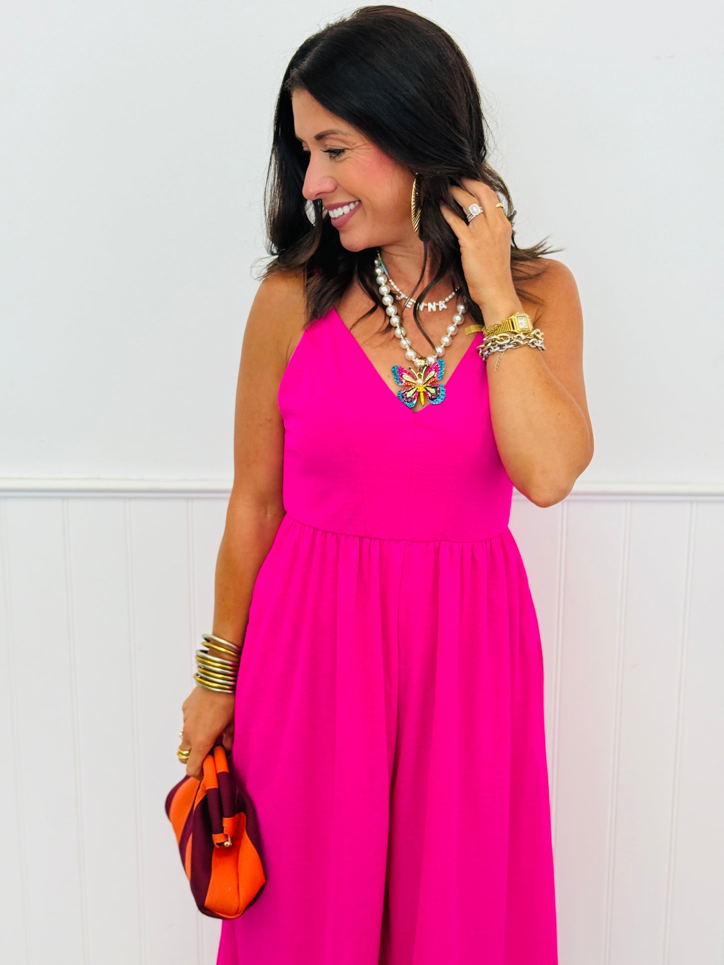 Hot Pink V-Neck Spaghetti Strap Jumpsuit (Reg.)