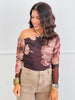 Brown Floral Off Shoulder Mesh Top (Reg.)