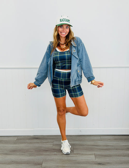 Navy Plaid Contrast Waistband Biker Shorts (Reg.)