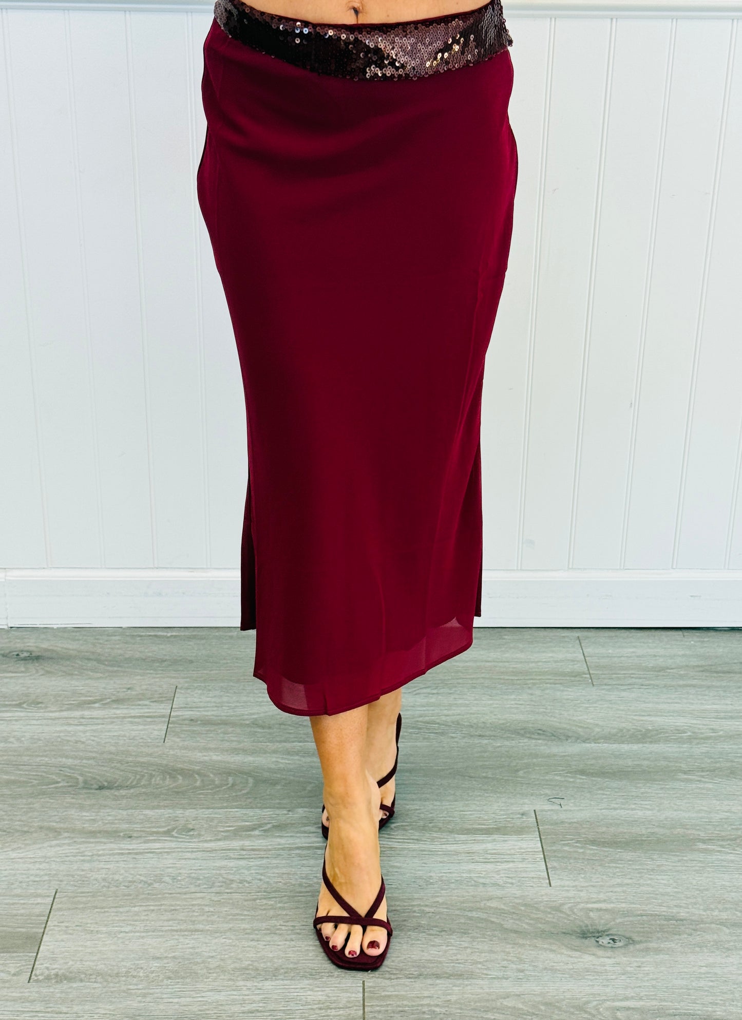 Burgundy Sequin Foldover Waist Maxi Skirt (Reg.)