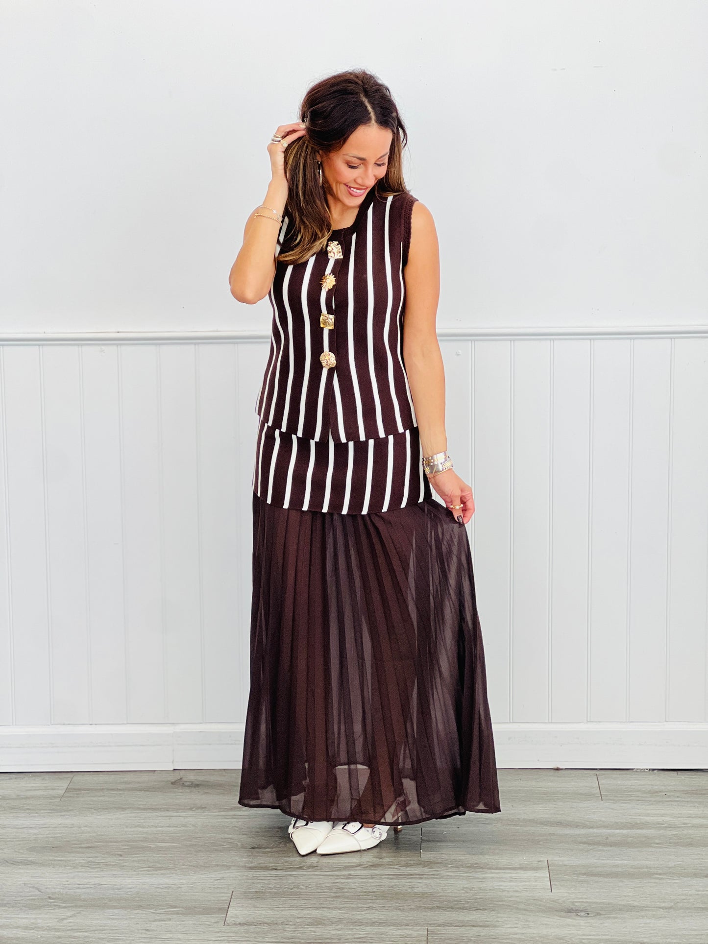 Brown Striped Snap Gold Button Top & Skirt Set (Reg.)