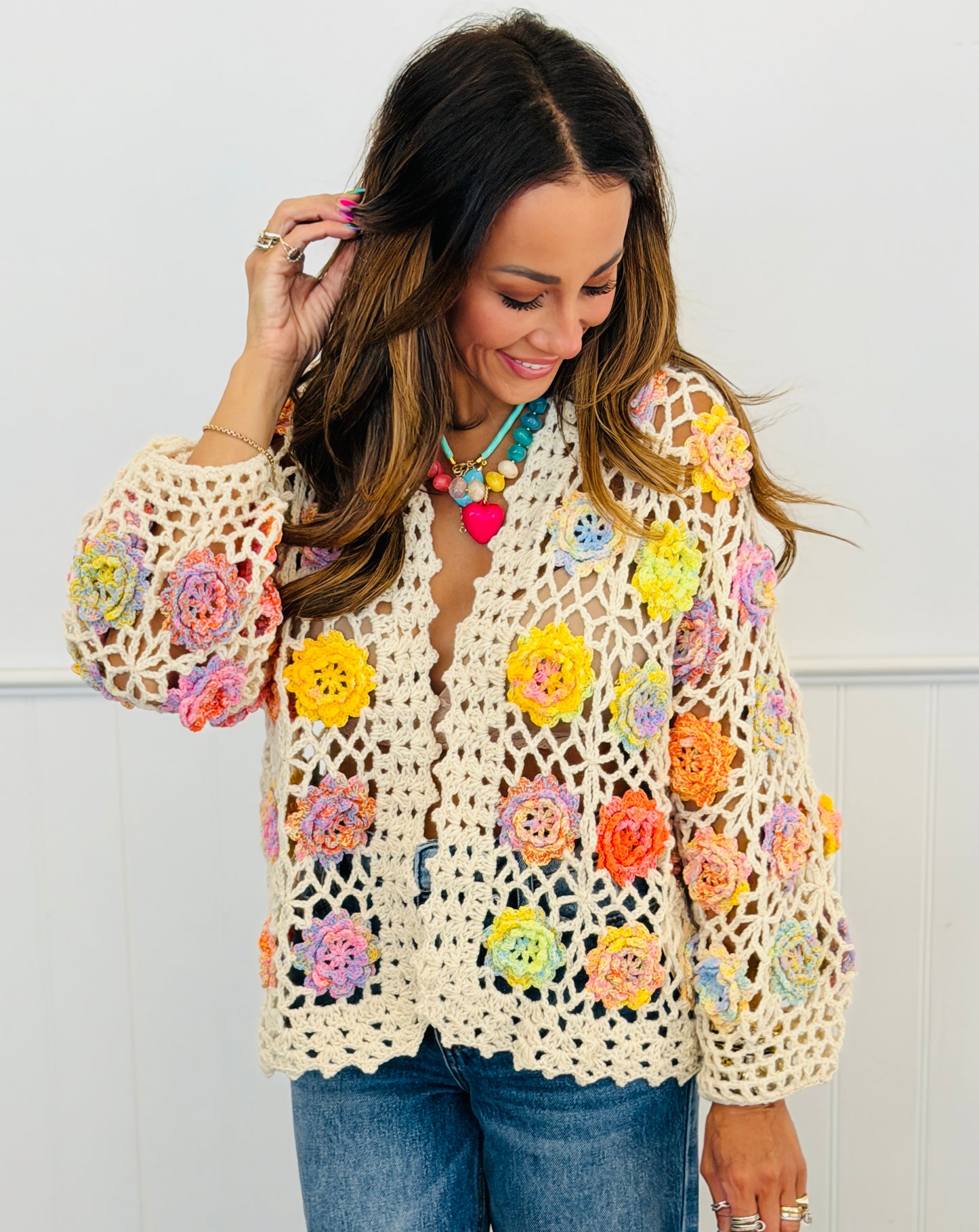 Cream Floral Crochet Cardigan (Reg)