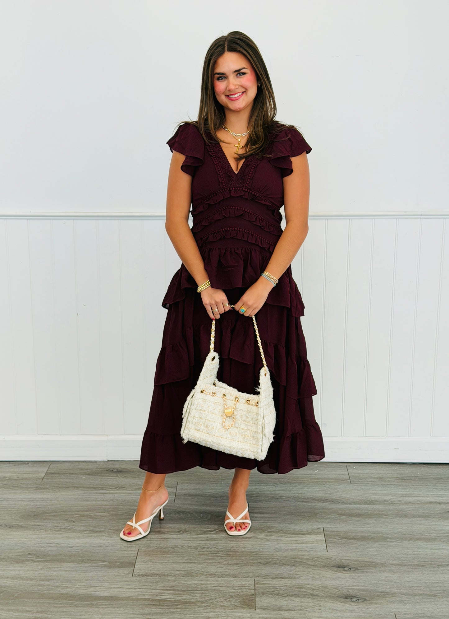 Dark Wine Ruffled Tiered  Midi Dress (Reg & Plus)