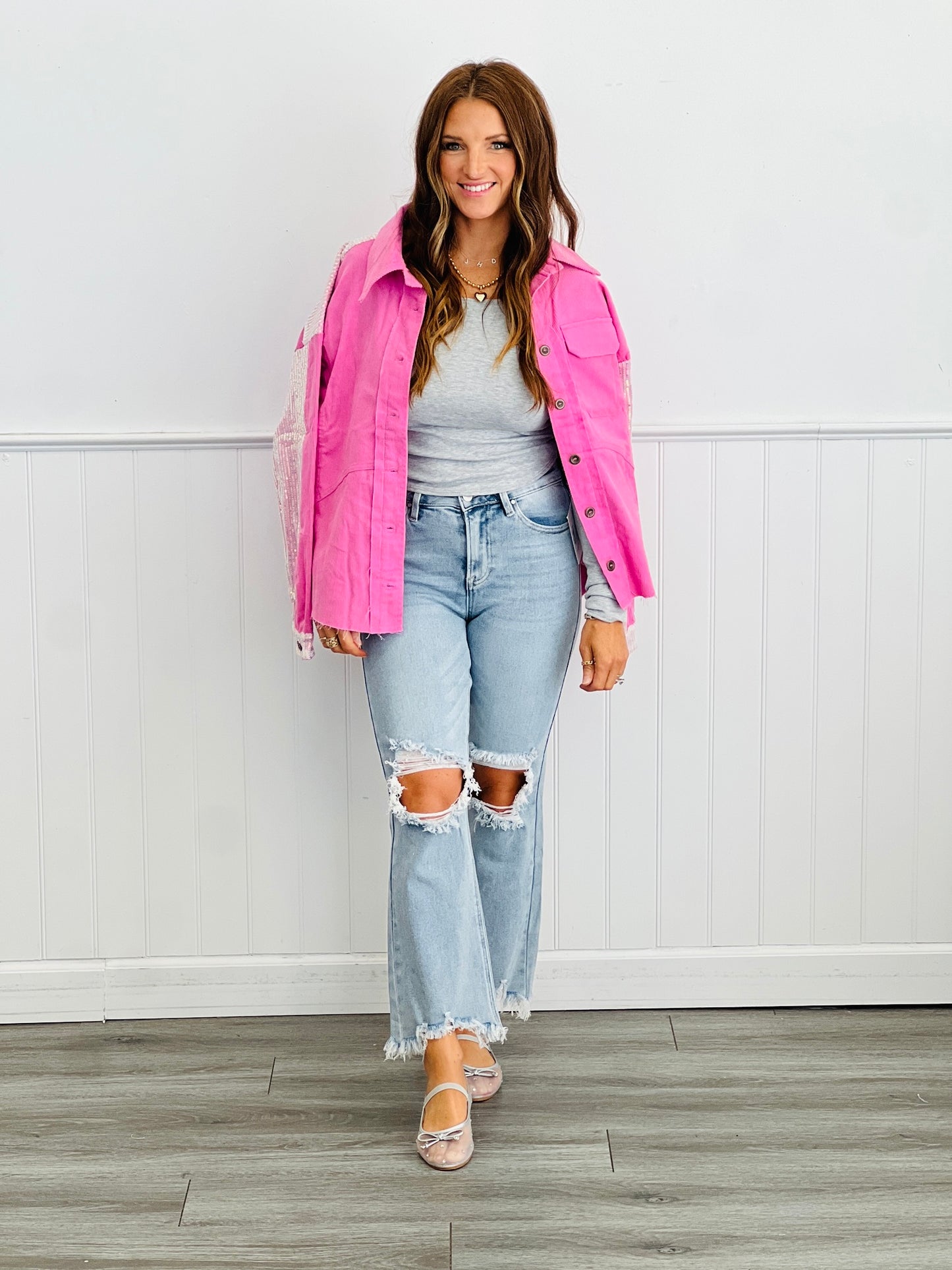 Bubble Pink Sequin Corduroy Contrast Shacket (Reg.)