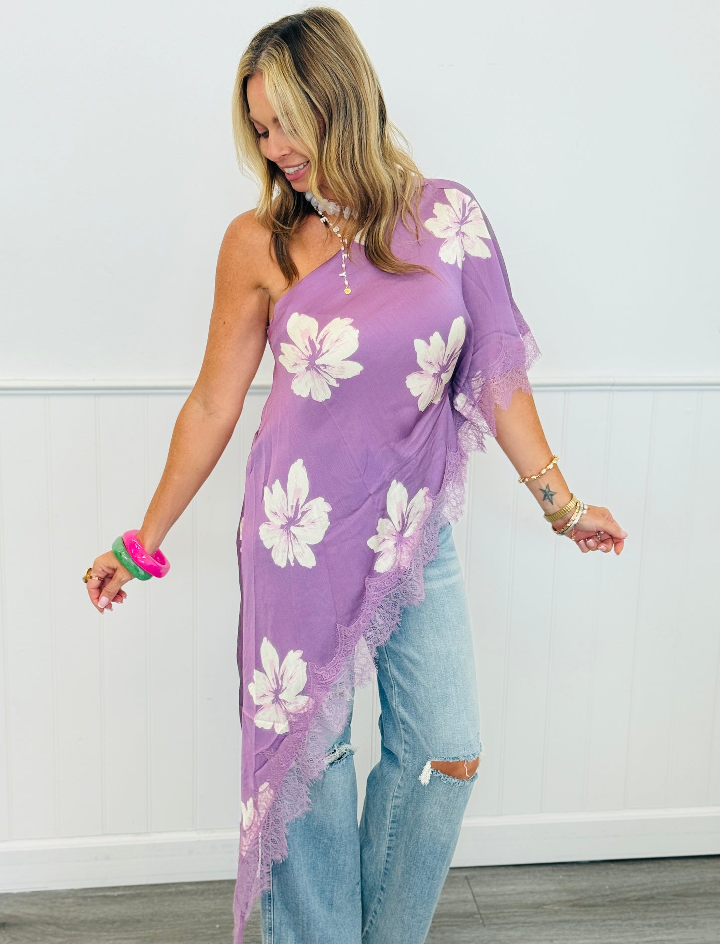 Purple  Floral Lace Asymmetrical Blouse (Reg.)