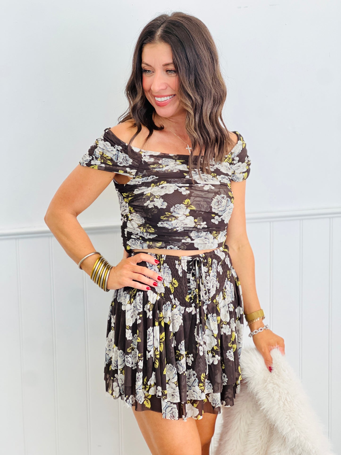 Charcoal Brown Floral Mesh Mini Skort (Reg.)