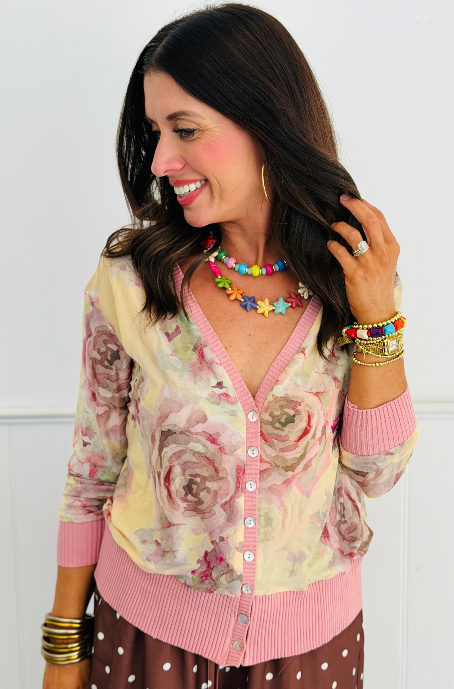 Yellow/Mauve Mesh Floral Cardigan (Reg. and Plus)