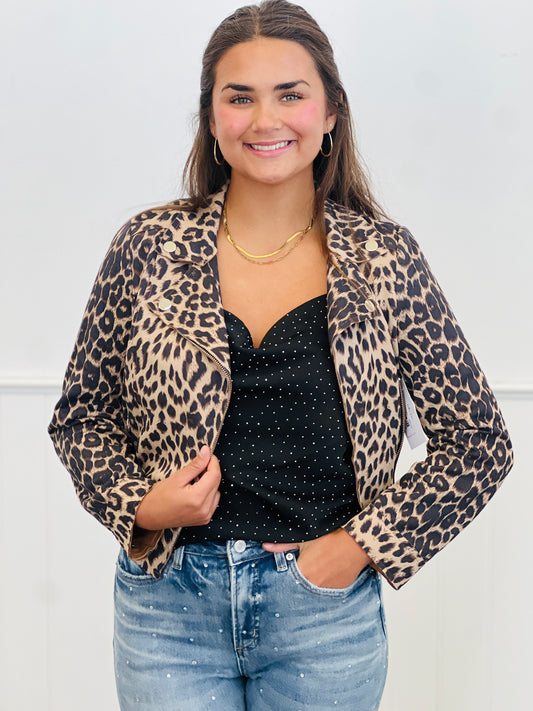 Leopard Print Twill Moto Jacket (Reg & Plus)