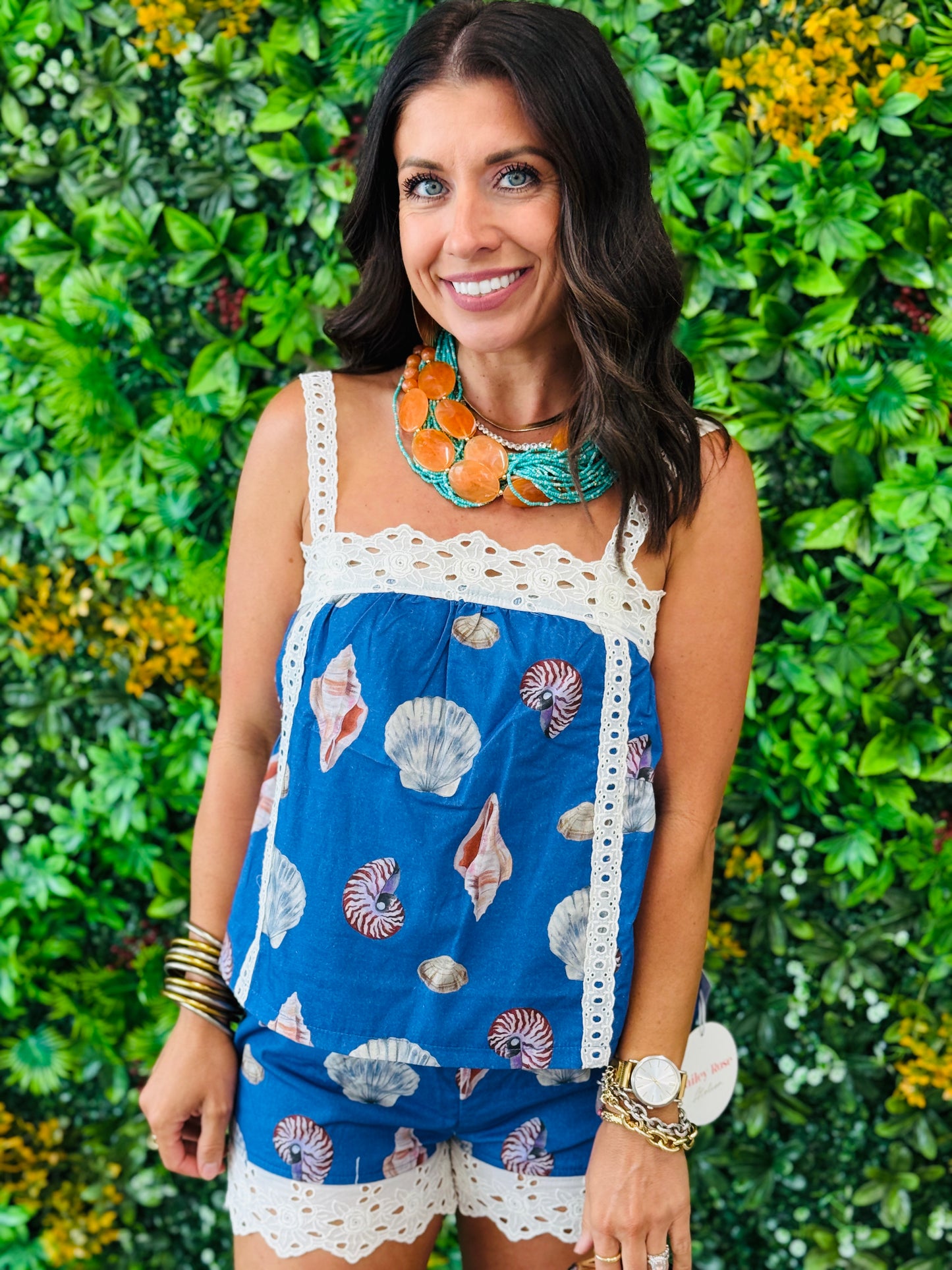 Royal Seashell Print Lace Trim Top (Reg.)