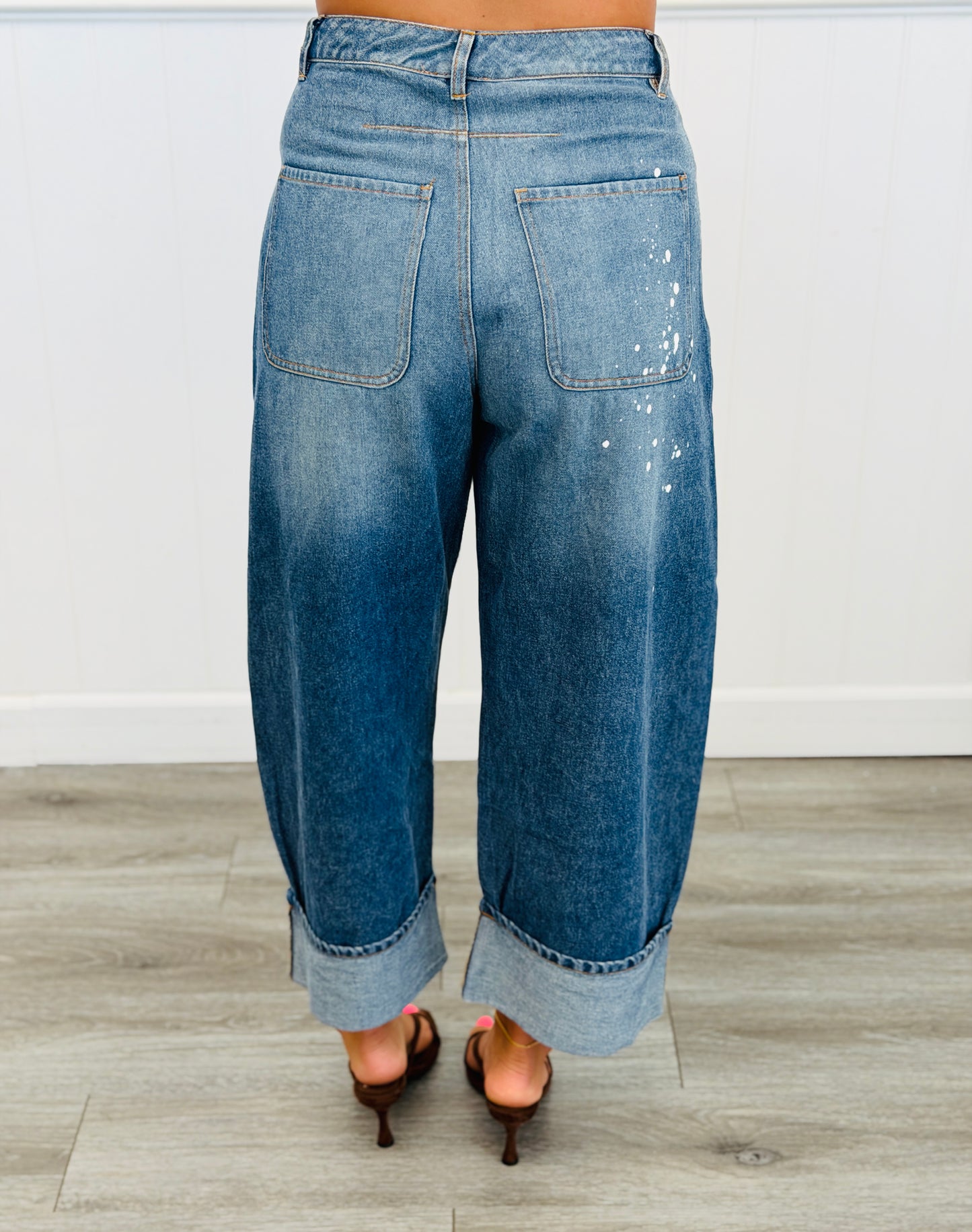 Washed Denim Paint Splatter Cuffed Pants (Reg & Plus)