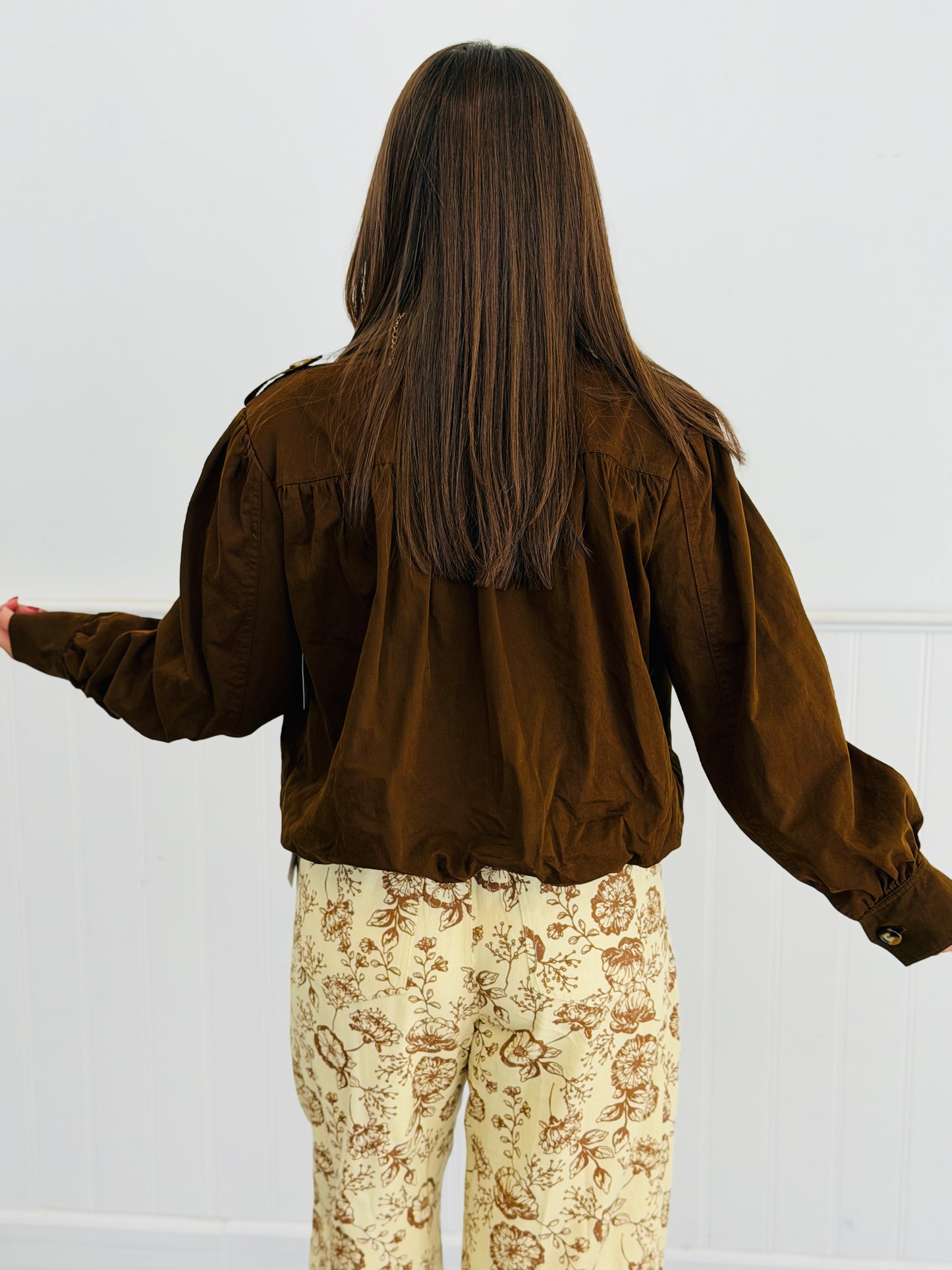 Dark Brown Gathered Hem Bomber Jacket (Reg.)